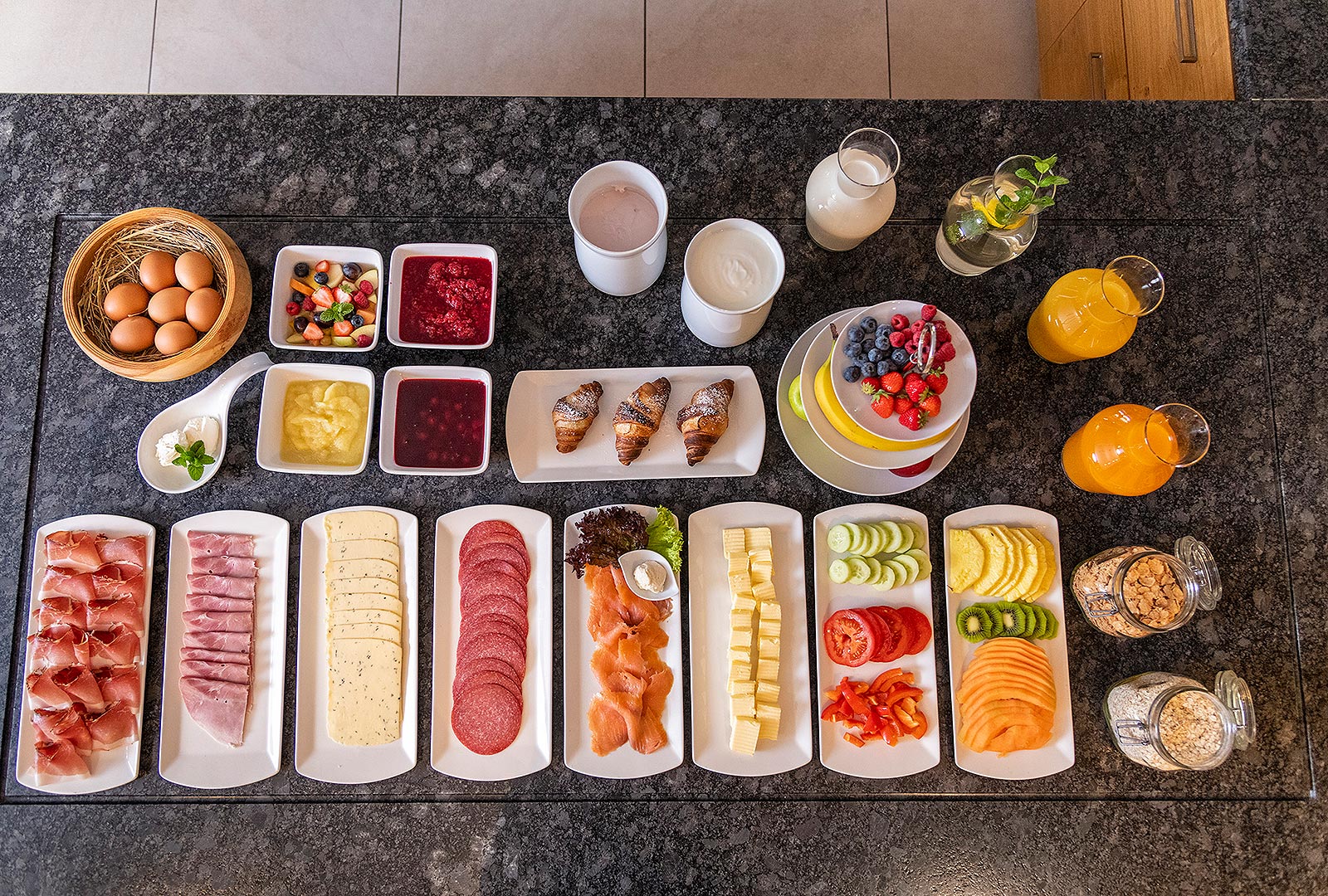 Table with typical breakfast products